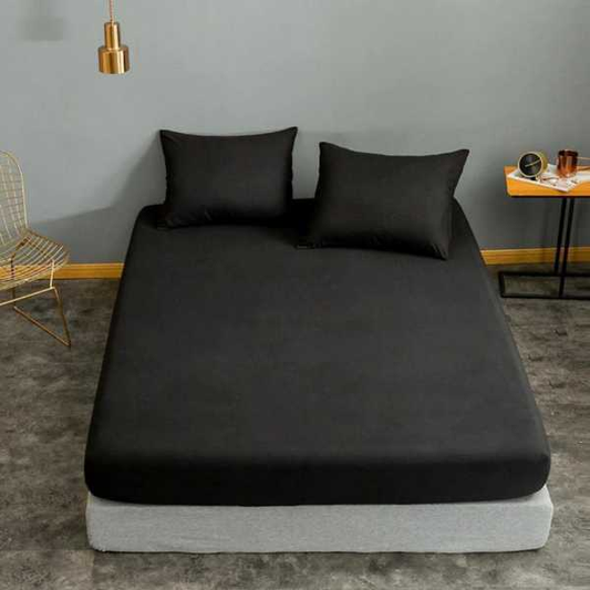 Dyed Cotton Fitted Sheet With Pillow Cover - Black
