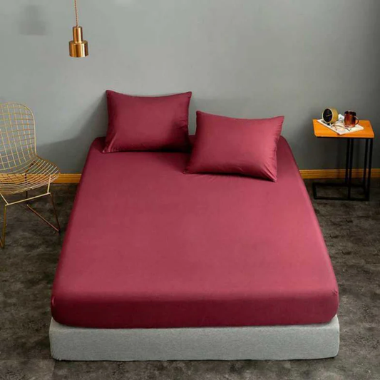 Dyed Cotton Fitted Sheet With Pillow Cover - Maroon
