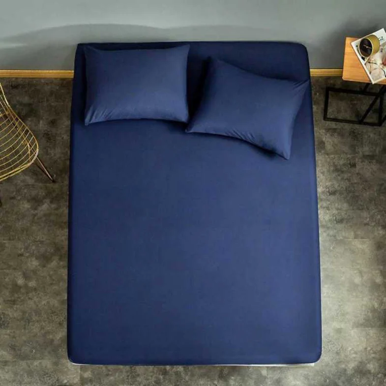 Dyed Cotton Fitted Sheet With Pillow Cover - Navy Blue