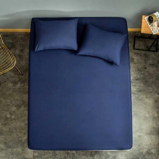 Dyed Cotton Fitted Sheet With Pillow Cover - Navy Blue