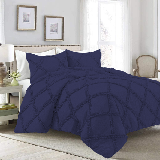 Luxury Ruffled Cross Pleated Duvet Set- Navy
