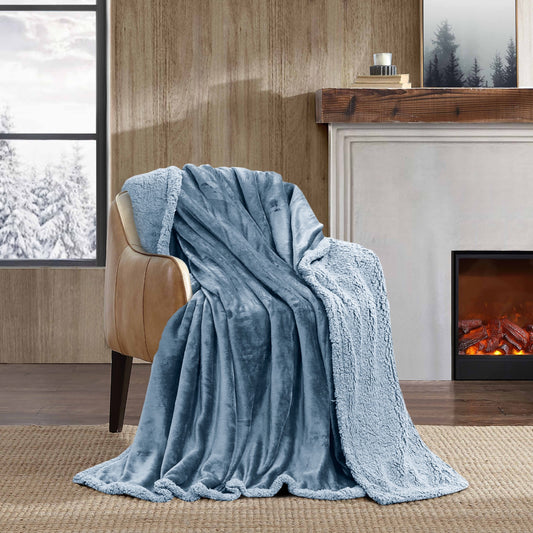 Super Soft Reversible Sherpa Fleece Blanket 350gsm - Blue