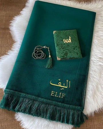 Luxury Anti-Slip Velvet ( Customize Name ) Prayer Mat-Green