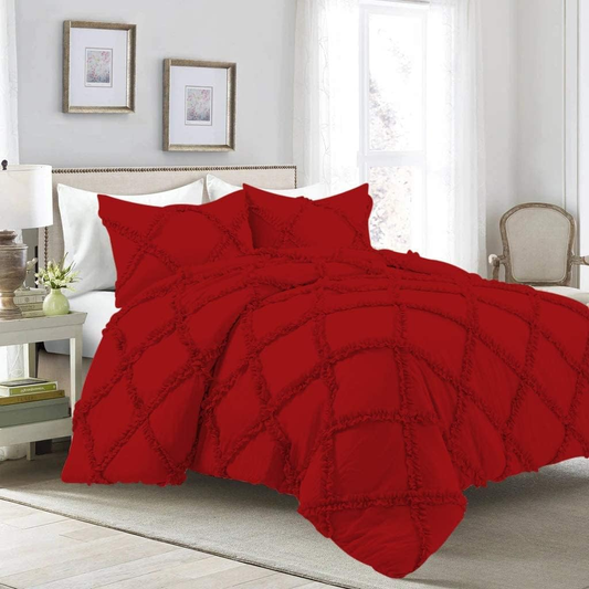 Luxury Ruffled Cross Pleated Duvet Set - Red