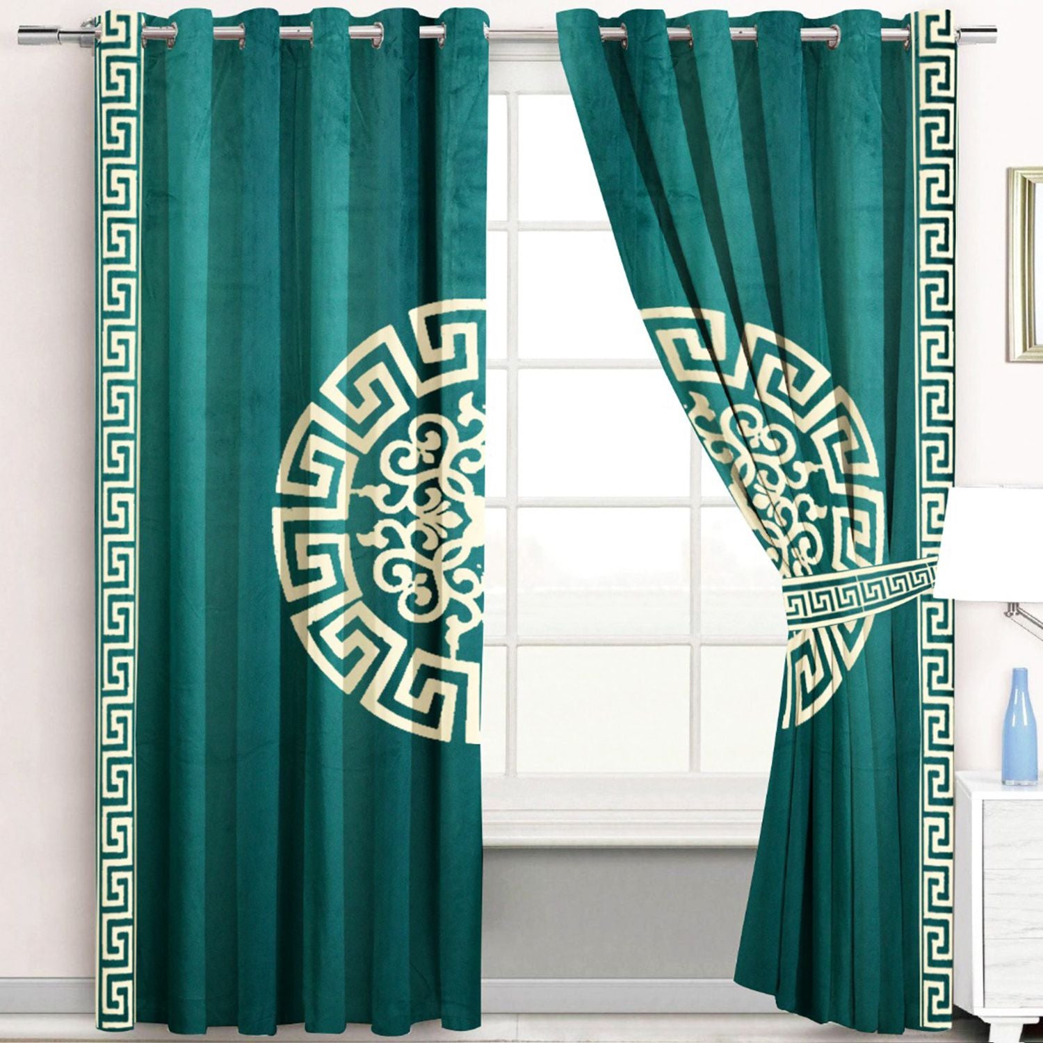 2 Pc's Premium Embroidered Velvet Curtain With 2 Belts (Green/Off White) 1002