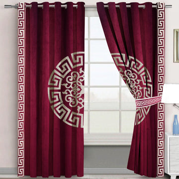 2 Pc's Premium Embroidered Velvet Curtain With 2 Belts (Maroon/White) 1002