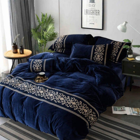 Luxury Velvet Embroidered Duvet Set - Navy Blue