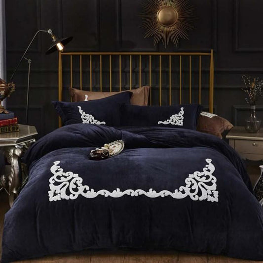 Embroidery Velvet Duvet Set - Blue
