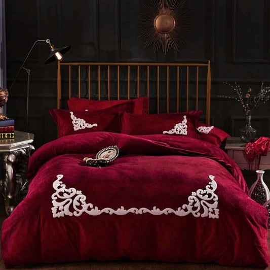 Embroidery Velvet Duvet Set - Maroon